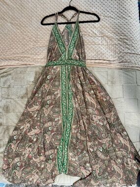 Paisley Maxi Dress with Green Trim